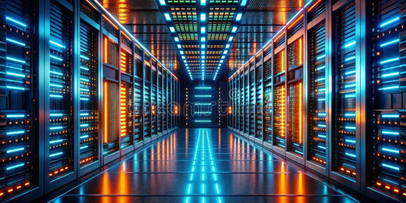 Cyberpunk Server Room Neon Glow, Digital Infrastructure, 3D Render stock illustration