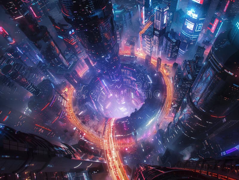 Cyberpunk stad som är uppkörd i en kaleidoskopisk vorttex, som snurrar genom panoramisk syn på nattscenen, surrealistisk atmosfär stock illustrationer