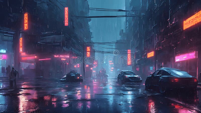 Cyberpunk streets illustration, futuristic city, dystoptic artwork at  night, 4k wallpaper. Rain foggy, moody empty future Stock Illustration