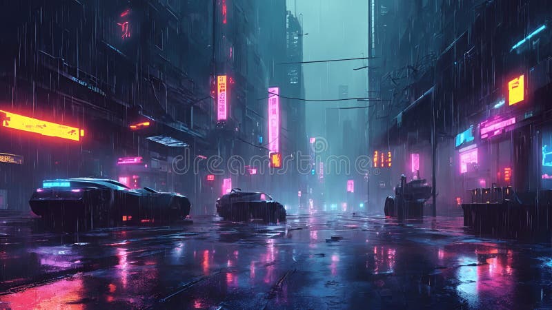 Cyberpunk streets illustration, futuristic city, dystoptic artwork at  night, 4k wallpaper. Rain foggy, moody empty future Stock Illustration