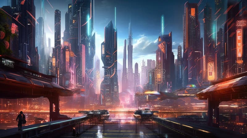 Cyberpunk style futuristic city with towering. Generative AI