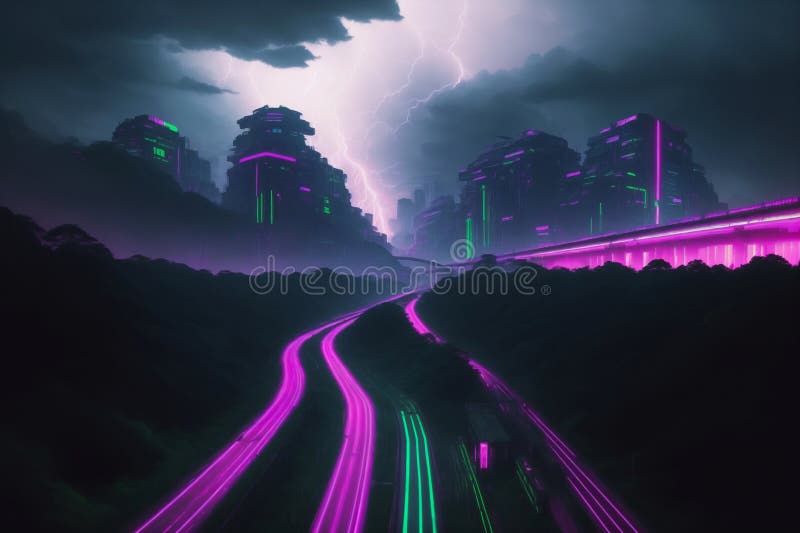 Cyberpunk style illustration landscape view of city high speed road with cloudy thunder dark sky royalty free illustration