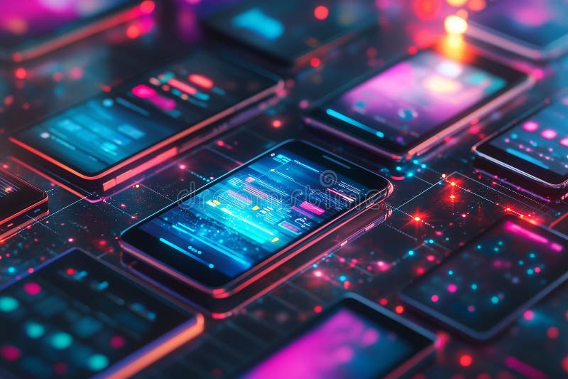 Cyberpunk Style Smartphone Network Digital Interface Futuristic Technology Background 3d red web app vector illustration