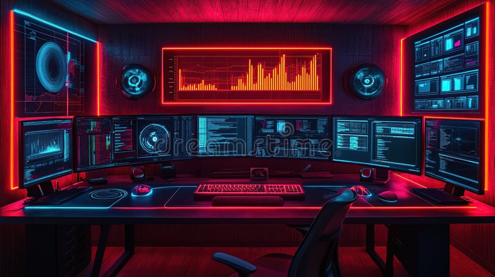 Cyberpunk-style Workstation with Multiple Monitors Displaying Data ...