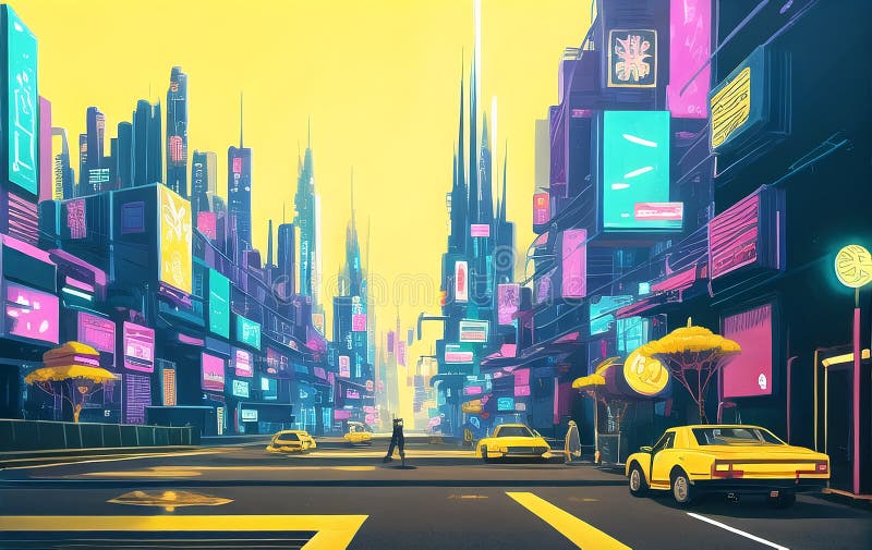 Cyberpunk City landscape with a sunset, Ai Generated Cyberpunk Wallpaper/ Background, Stock Illustration