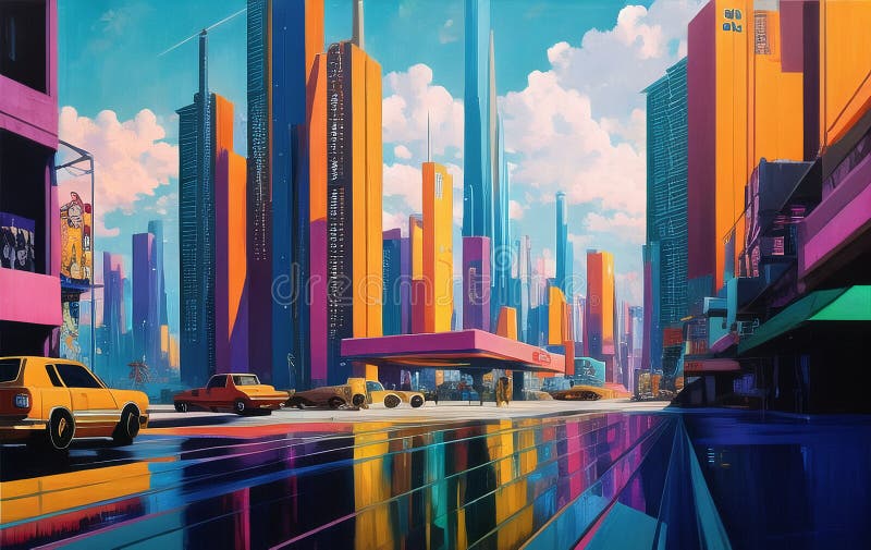 Cyberpunk City landscape with a sunset, Ai Generated Cyberpunk Wallpaper/ Background, Stock Illustration