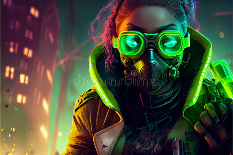 Cyberpunk Girl Wearing Futuristic Gas Mask with Protective Green Glasses  and Filters Standing in a Night Scene with Air Stock Illustration -  Illustration of design, cyber: 268873401