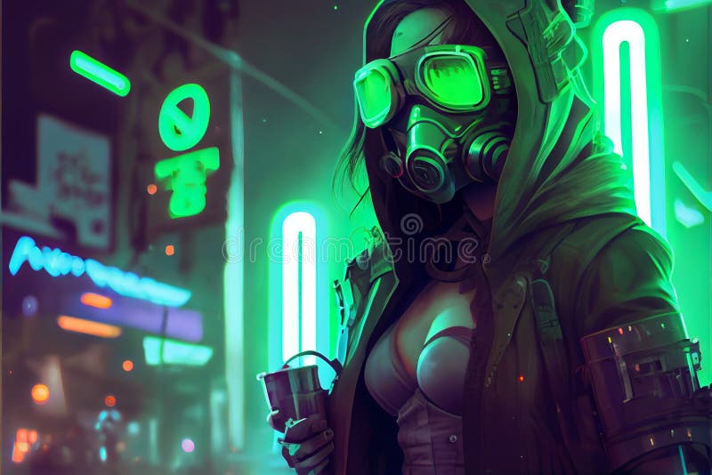 Cyberpunk Girl Wearing Futuristic Gas Mask with Protective Green Glasses  and Filters Standing in a Night Scene with Air Stock Illustration -  Illustration of design, cyber: 268873401