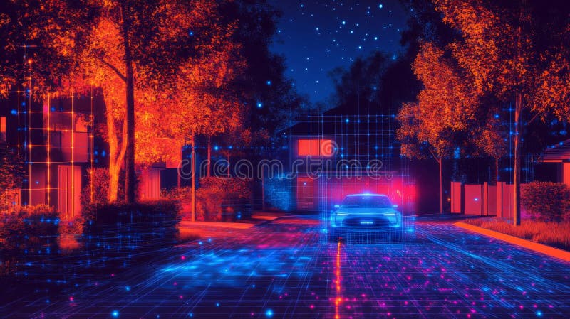 Cyberpunk Νυχτερινή Πόλη Αστυνομία Αυτοκίνητο Ψηφιακή τέχνη απεικόνιση αποθεμάτων