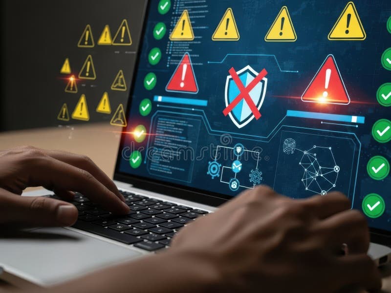 Cybersecurity alert on computer screen royalty free illustration