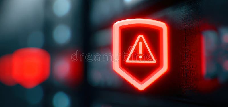 Cybersecurity alert icon glowing red on a dark server background, symbolizing system error, data breach warning royalty free illustration