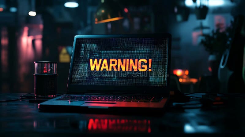 Cybersecurity alert on laptop screen in dark office setting stock illustration