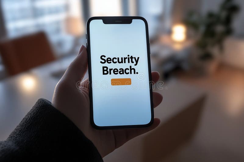 Cybersecurity Alert Smartphone Showing \'Security Breach\' in Modern Workspace stock illustration