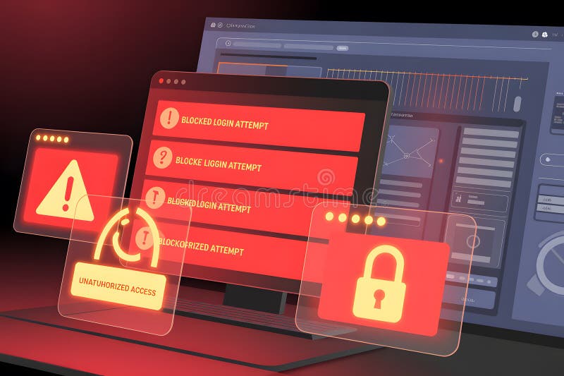 Cybersecurity alert system displaying multiple threat warnings on digital devices stock illustration