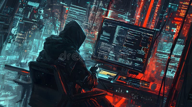 Cybersecurity analyst hacking session futuristic city digital art nighttime over-the-shoulder view tech concept royalty free illustration