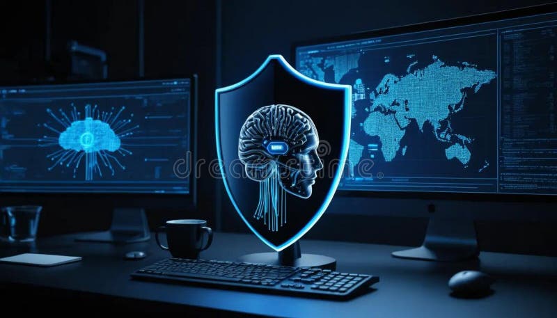 Futuristic office scene with a glowing digital shield displaying a brain, symbolizing cybersecurity and AI. Two screens show a brain and a world map, filled with binary code, suggesting global data networks. The setting is dimly lit, with a keyboard and a coffee cup on the desk, highlighting a tech-centric environment. The overall atmosphere conveys high-tech surveillance and protection themes. Shield artificial intelligence stock images, royalty-free photos and pictures