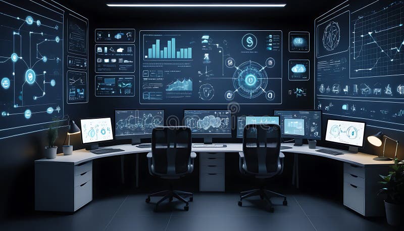 This futuristic command center, generated by AI, showcases advanced technology for monitoring and analyzing data. The image displays multiple screens with real-time visualizations, charts, and network diagrams, highlighting a high-tech, secure environment for cybersecurity professionals. Advanced artificial intelligence administration stock images, royalty-free photos and pictures