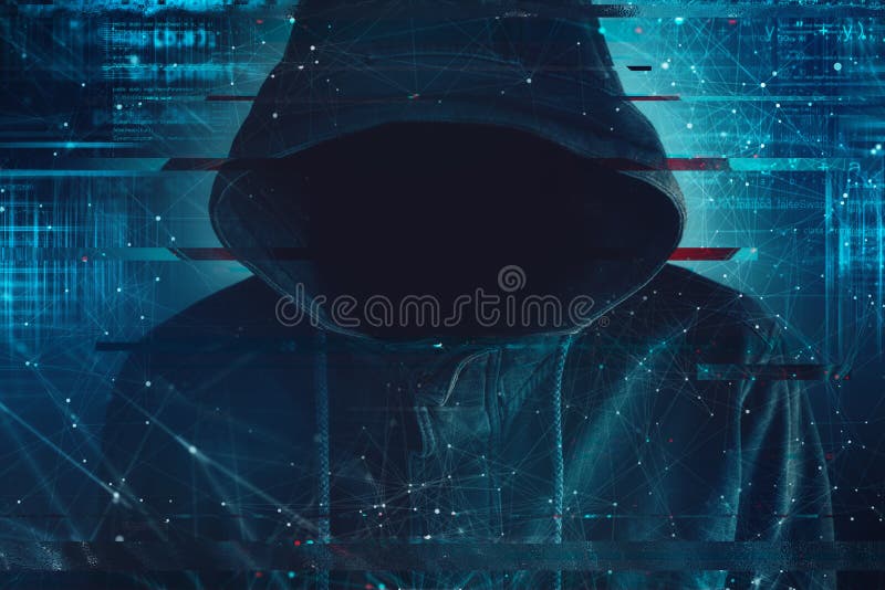 Cybersecurity, computer hacker with hoodie stock photo