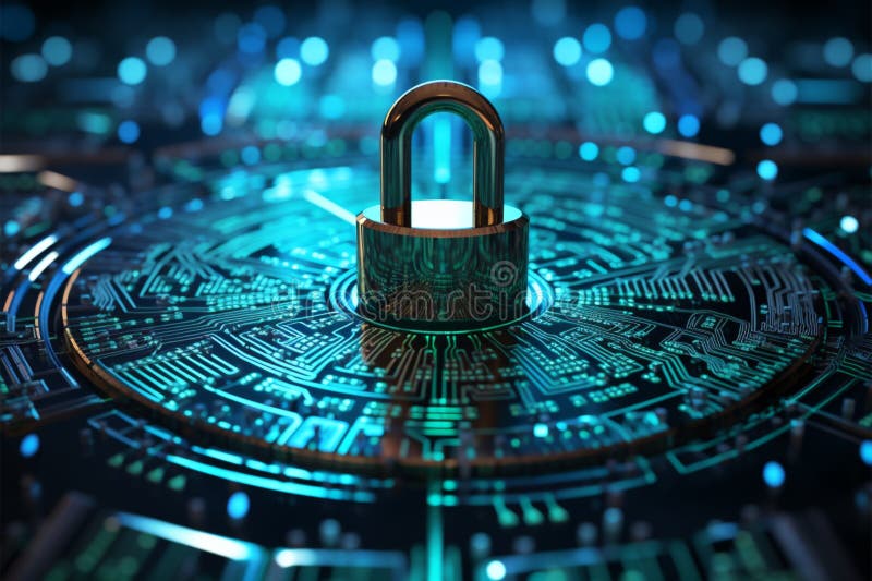 Cybersecurity concept with binary code symbolism is depicted by a blue keylock stock illustration