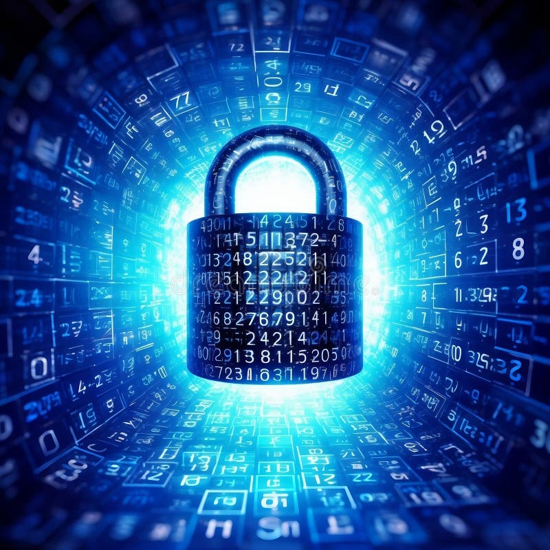 Cybersecurity Concept Blue Keylock with Binary Code. Generative AI stock illustration