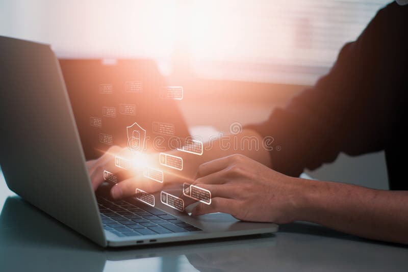 Cybersecurity concept,businessman using laptop computer, identification access personal,shield and padlock,preventing website attack hacker attack information,Ai Artificial intelligence technology. Shield artificial intelligence stock images, royalty-free photos and pictures