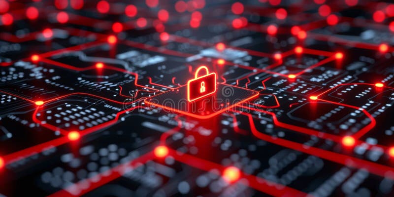 Cybersecurity concept depicting chaos through visual elements of a circuit board with a lock symbol in a digital stock photos