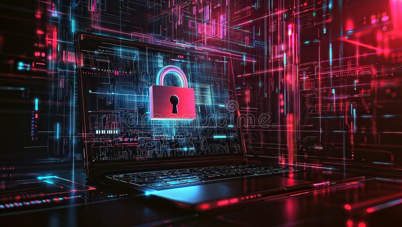 Digital Lock: Glowing Padlock Icon with Futuristic Circuit Design, generative ai stock illustration