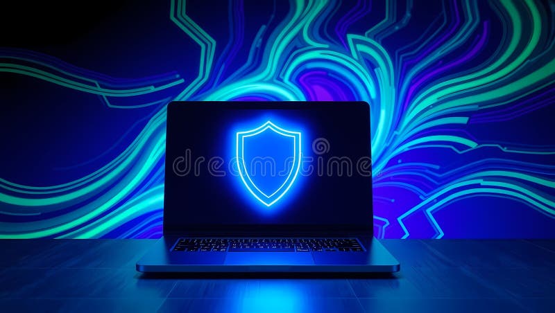 Cybersecurity Concept with Glowing Shield on Laptop Screen stock illustration