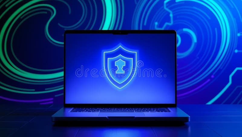 Cybersecurity Concept with Glowing Shield on Laptop Screen stock illustration