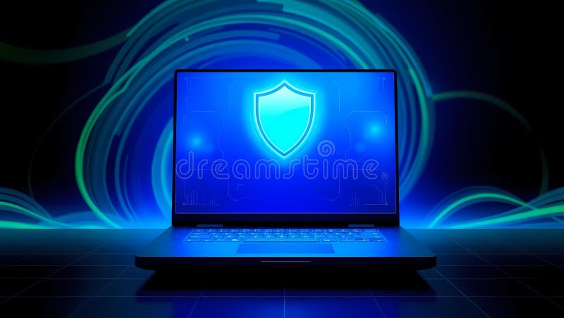 Cybersecurity Concept with Glowing Shield on Laptop Screen stock illustration