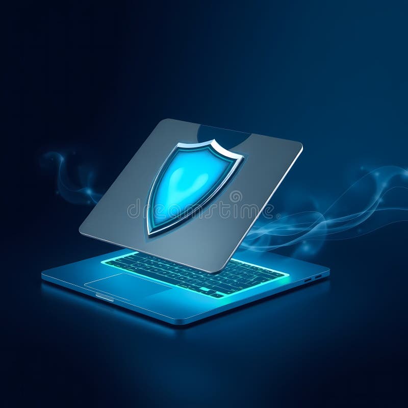 Cybersecurity Concept with Glowing Shield on Laptop Screen stock illustration