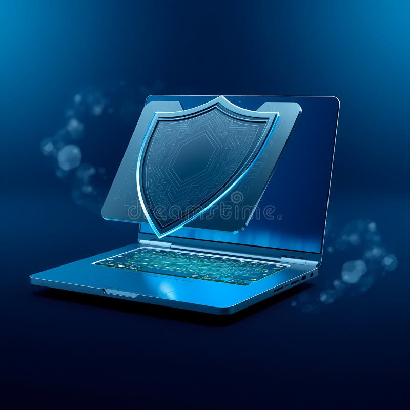 Cybersecurity Concept with Glowing Shield on Laptop Screen royalty free illustration