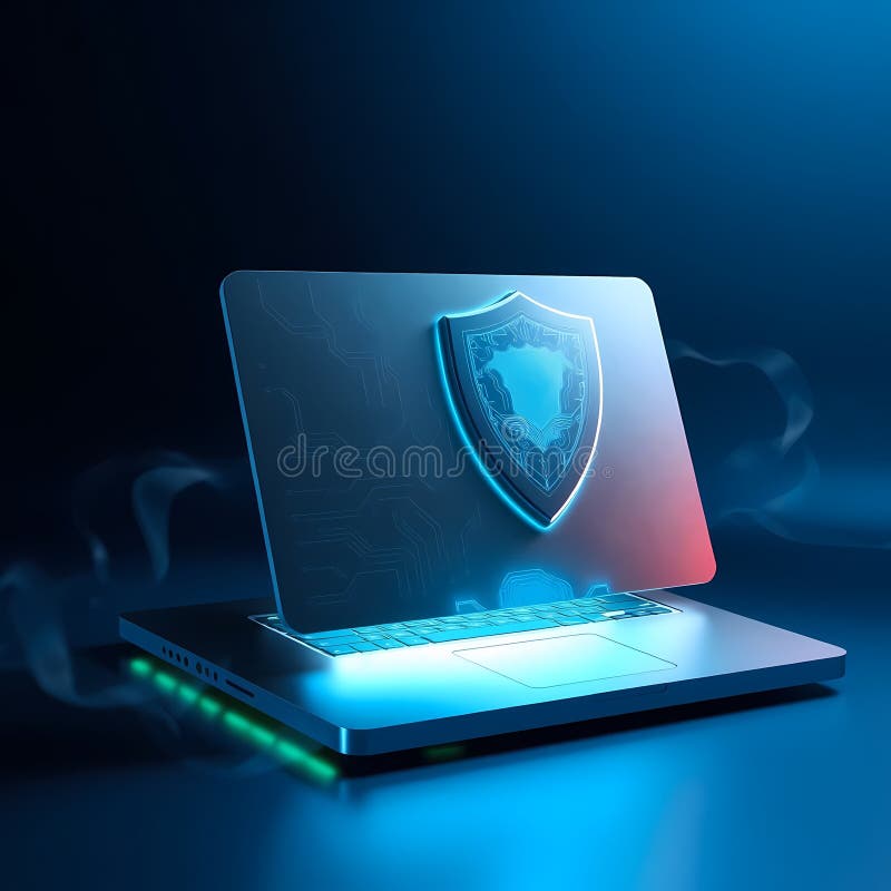 Cybersecurity Concept with Glowing Shield on Laptop Screen stock illustration