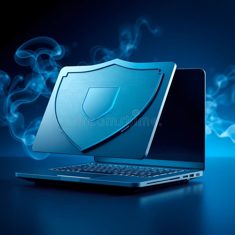 Cybersecurity Concept with Glowing Shield on Laptop Screen royalty free illustration