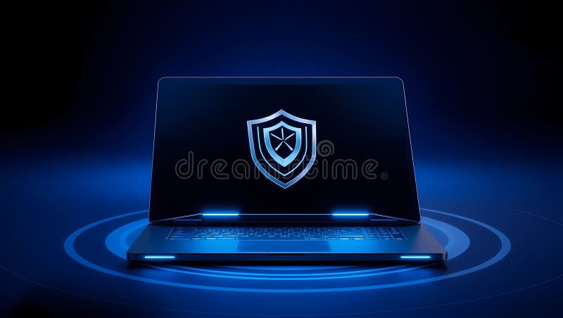 Cybersecurity Concept with Glowing Shield on Laptop Screen royalty free illustration