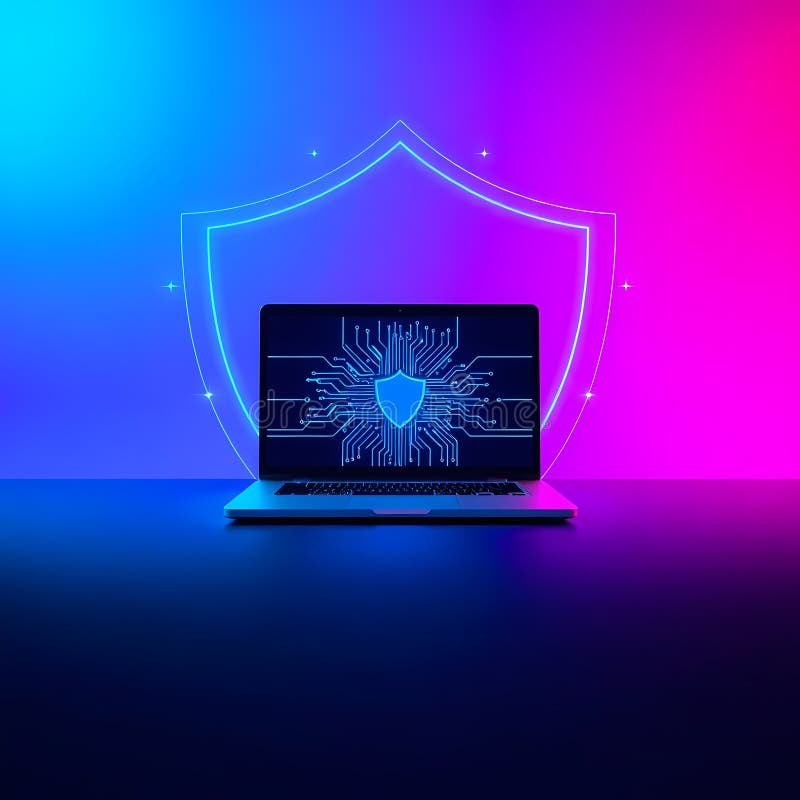 Cybersecurity Concept with Glowing Shield on Laptop Screen stock illustration