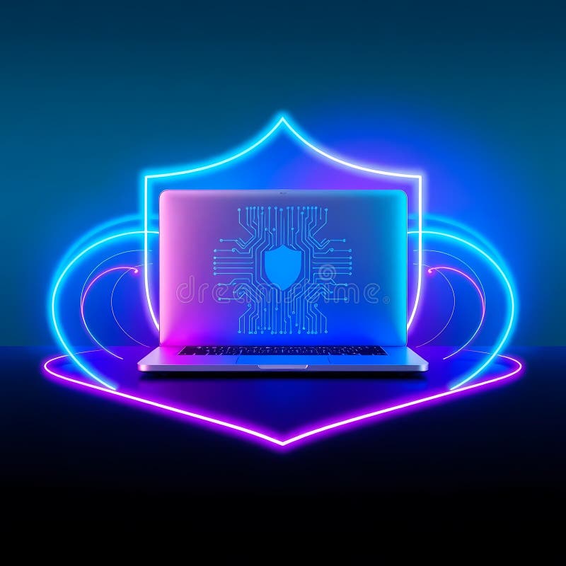Cybersecurity Concept with Glowing Shield on Laptop Screen royalty free illustration