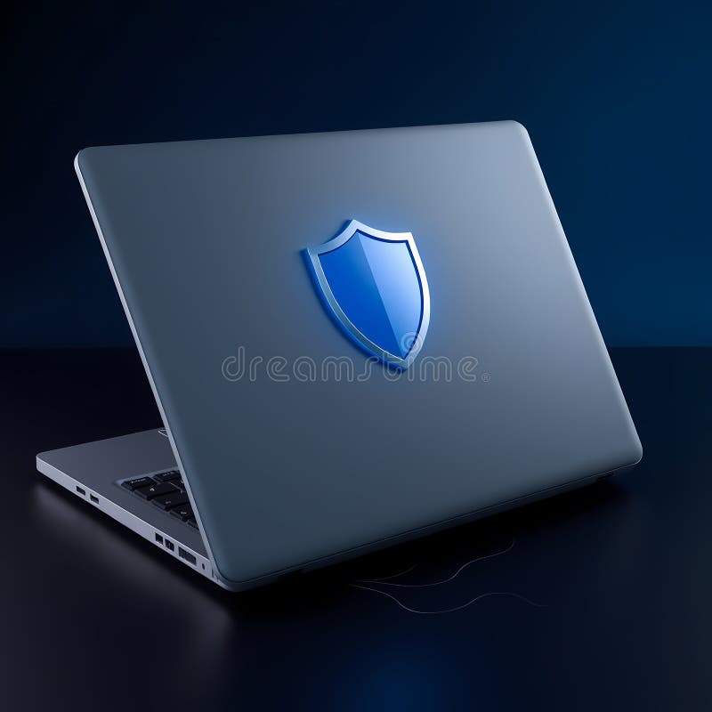 Cybersecurity Concept with Glowing Shield on Laptop Screen stock illustration