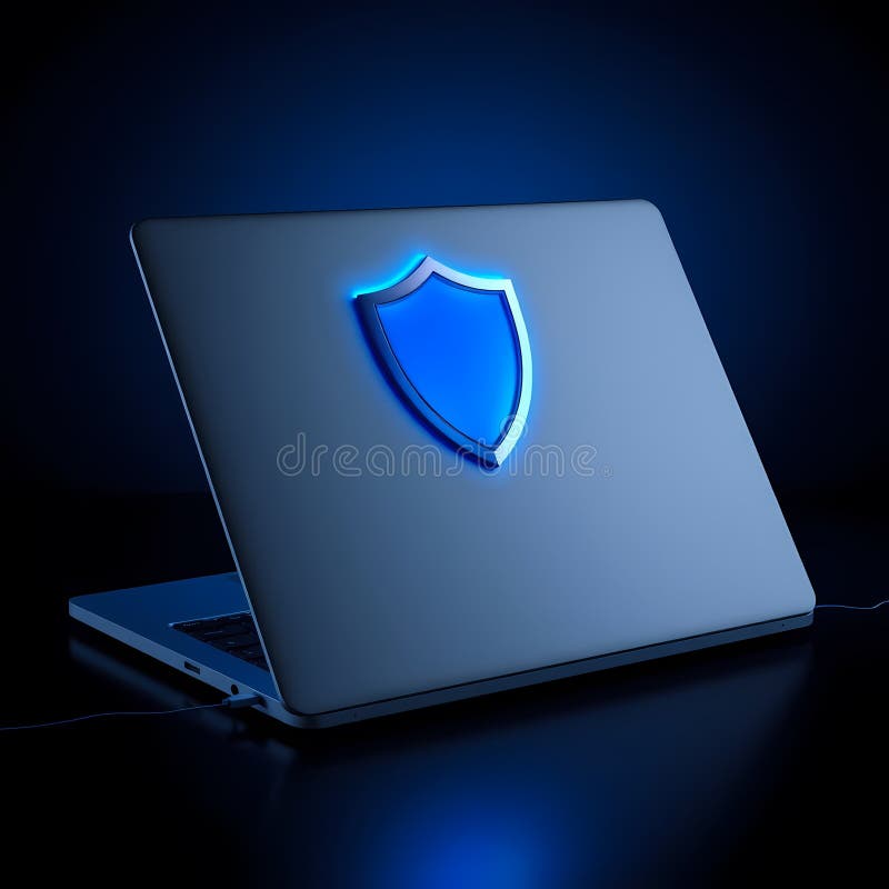 Cybersecurity Concept with Glowing Shield on Laptop Screen royalty free illustration
