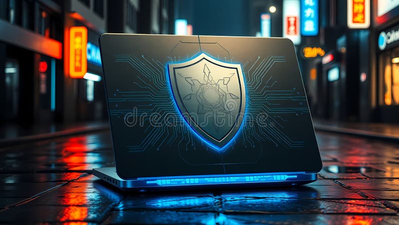Cybersecurity Concept with Glowing Shield on Laptop Screen stock illustration
