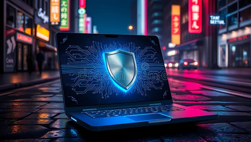 Cybersecurity Concept with Glowing Shield on Laptop Screen vector illustration