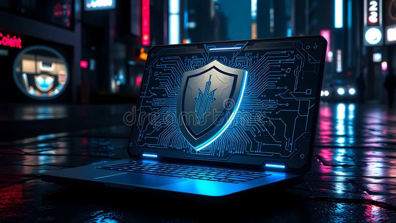 Cybersecurity Concept with Glowing Shield on Laptop Screen vector illustration