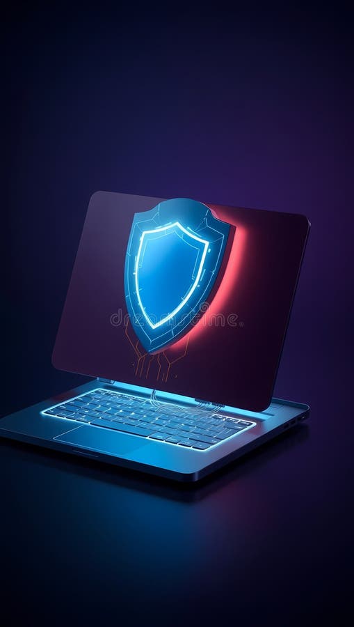 Cybersecurity Concept with Glowing Shield on Laptop Screen stock illustration