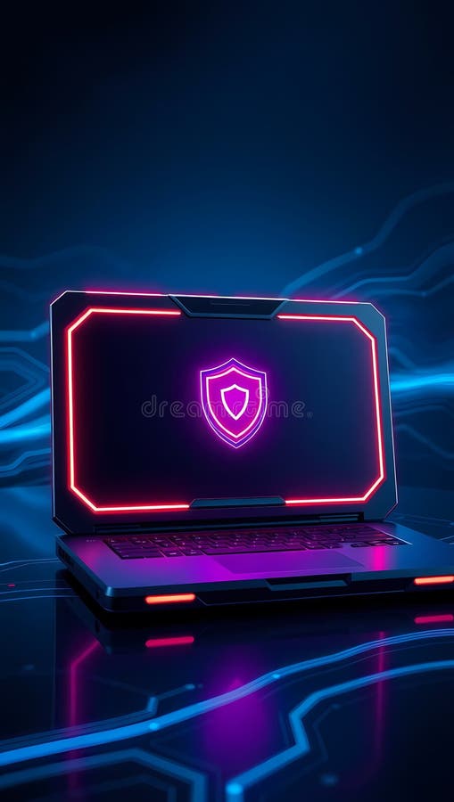 Cybersecurity Concept with Glowing Shield on Laptop Screen royalty free illustration