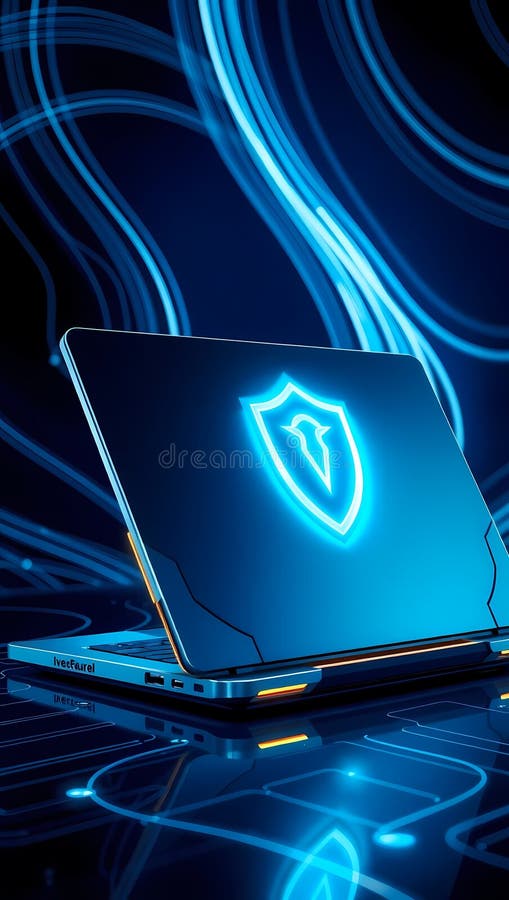 Cybersecurity Concept with Glowing Shield on Laptop Screen stock illustration