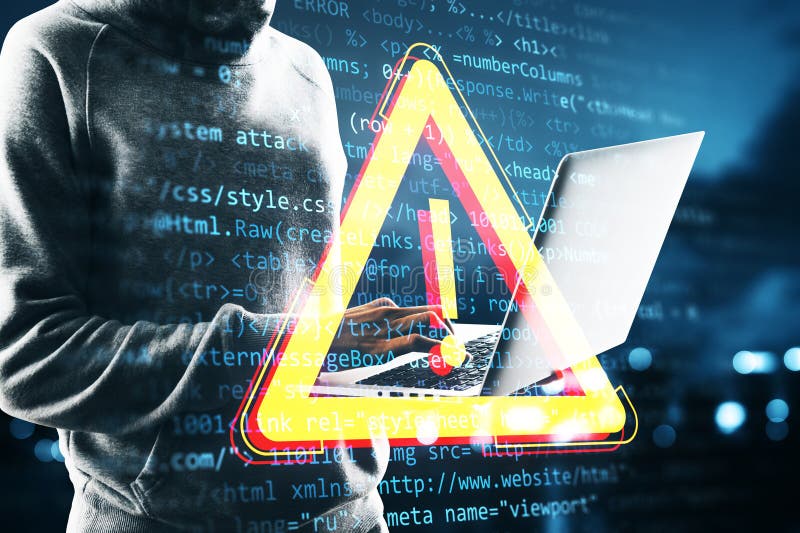 Cybersecurity concept with hacker, laptop, warning symbol, code background royalty free stock photos