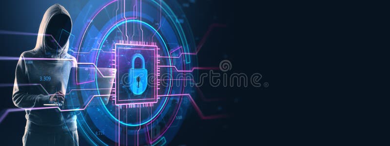 Cybersecurity concept with hooded figure and padlock icon on digital blue background royalty free stock photography