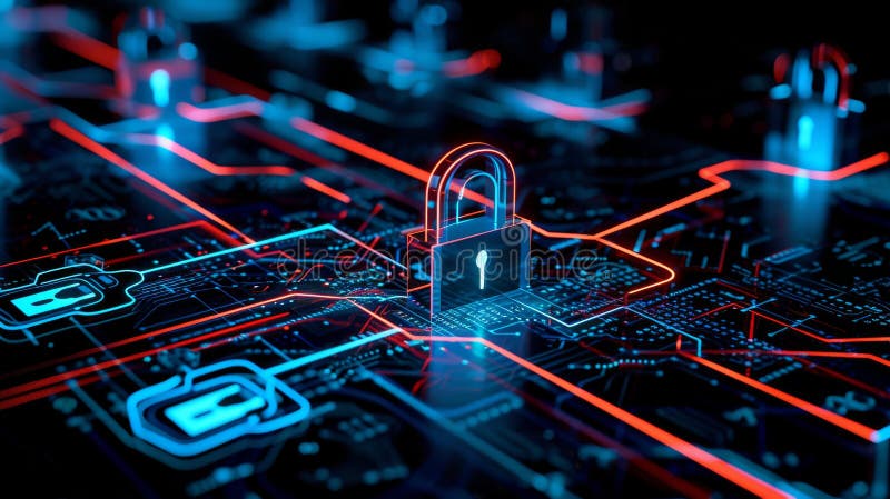 Cybersecurity concept with illuminated digital lock and network stock photos