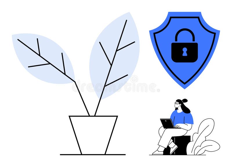 Cybersecurity Concept with Lock Shield, Laptop User, and Minimal Plant Design royalty free illustration