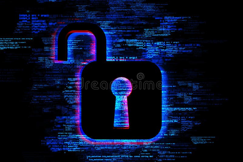 Cybersecurity concept with a padlock icon illuminated by code in a digital data space. royalty free illustration
